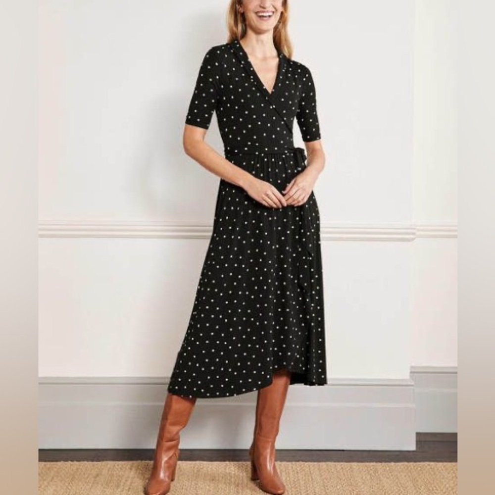 BODEN Lavinia Jersey Wrap Dress Black Polka Dot 6